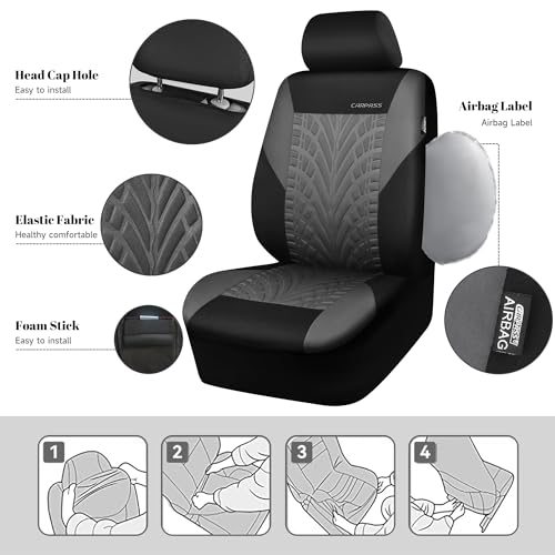 Image of CAR PASS Car Seat Covers Full Sets, Front & Split Rear Bench for Car, 3D Tyre Embossed Automotive Interior Covers, Airbag Compatible, Quick Setup Universal Fit Seat Covers for Car, SUV(Black Gray)