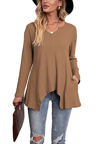 Hiistandd Damen Langarmshirt Damen Langarm Top V Ausschnitt Langarm T-Shirt Unregelmäßiger Saum Tunika Casual Top Oberteile Cover