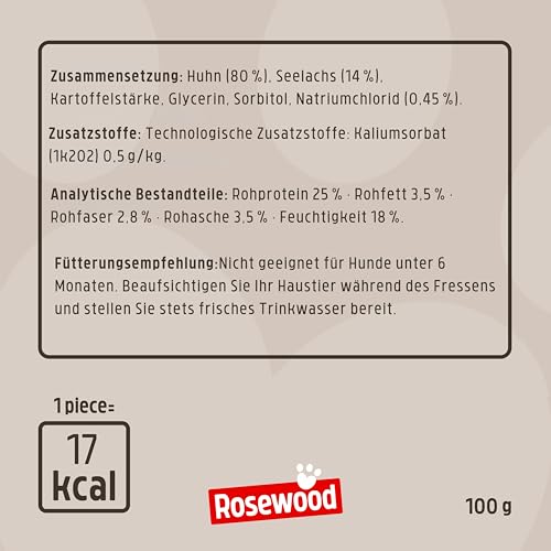 Rosewood Sushi Rolls Huhn & Seelachs – Weiche Leckerlis für Hunde mit Huhn und Seelachs, ohne Getreide, ohne künstliche Zusatzstoffe, 100 g