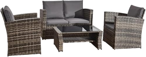 COSMO BUY 4-Seater Mix Grey Rattan Corner Sofa Set 4 Piece Indoor/Outdoor Home Rattan Garden Furniture Sets Patio Wicker Backyard Conservatory Sofa With Glass Top Coffee Table & All Cushions