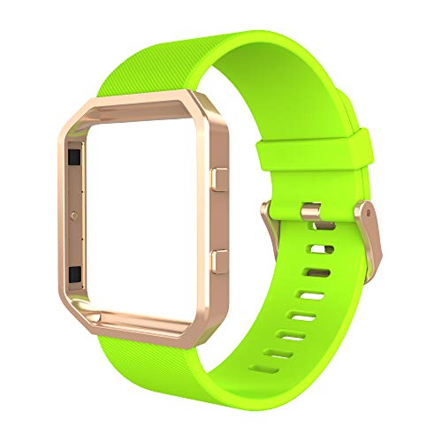 Simpeak Sport Band Compatible with Fitbit Blaze Smartwatch Sport Fitness, Silicone Wrist Band with Meatl Frame Replacement for Fitbit Blaze Men Women, Small, Fluorescent Green Band+Rose Gold Frame