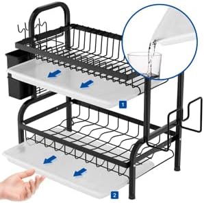 Dish Drying Rack with Drip Tray, 2 Tier Stainless Steel Dish Rack Rust-Proof Standing Dish Drainer Organizer with Utensil Holder, Cutting Board Holder for Counter; Escurridor de Platos para Fregadero