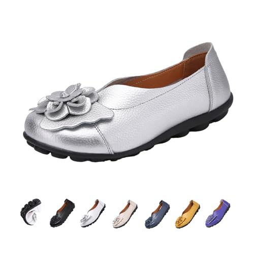 Image of Women's Leather Slip On Loafers,Vintage Handmade Cute Bow Flower Comfy Non-Slip Softsole Walking Casual Dress Pumps