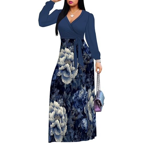 Image of PinkPatty Women's Long Sleeve Maxi Dress Plus Size Trendy Wedding Guest Dress with Pockets&Belt