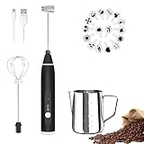 FITNATE Espumador de Leche Eléctrico de Mano, Espumador de Leche Eléctrico con 3 Niveles, 2 Batidores de Acero Inoxidable y Jarra para Café, Chocolate Caliente, Latte, Capuchino, 12 V Recargable