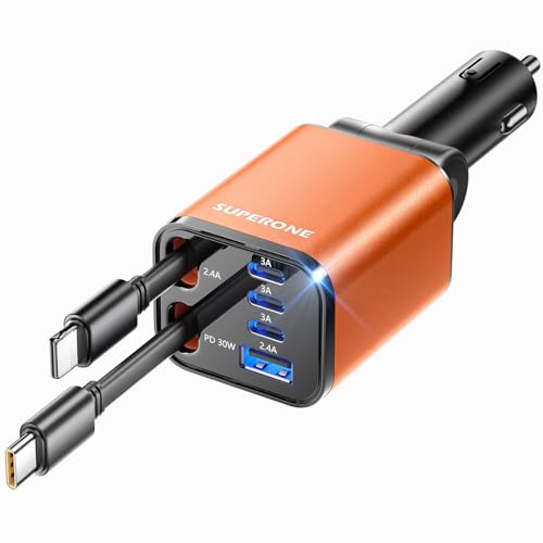 [Upgraded] 6 in 1 Retractable Car Charger with USB-C & Apple Cables