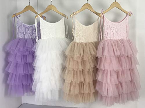 Flower Girl Strap Lace Tiered Tutu Tulle Party Dress Girls Maxi Dresses (Champagne, 7T) #TOP5