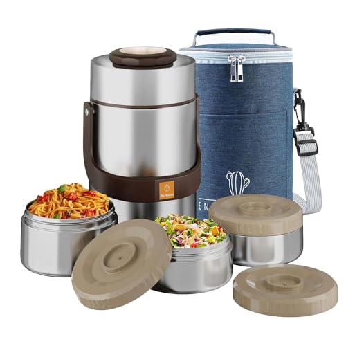 AUSAULAC Large Capacity 3500ml Adults Stainless Steel Vacuum Insulated Wide Mouth Food Hot Food Jar with Keep Thermal Portable 3 Tier Stackable Bento Hot Food Containers Lunch Boxes (Silver)