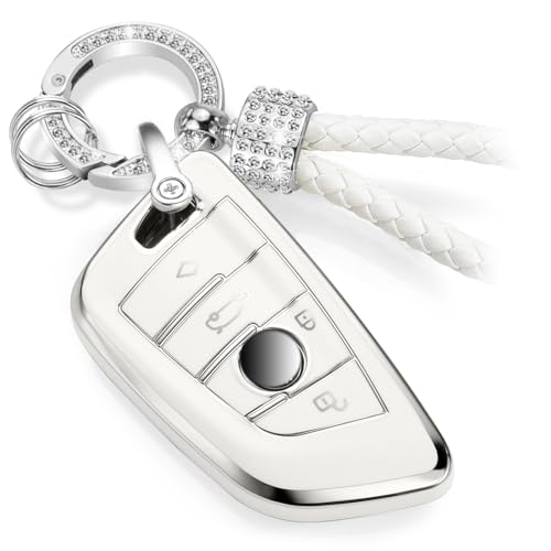 Image of Key Fob Cover for BMW, Rhinestone Loop Keychain Case, Silver Edge
