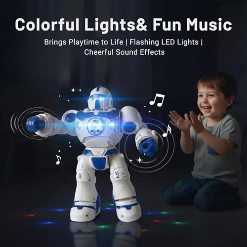 Image of Lilplay Robot with 5 Shooting Bullets, Blue | Colorful Lights & Music | All Direction Movement | Action Figure Toy | Robot with AI Eyes | Battery Operated Toy Figure