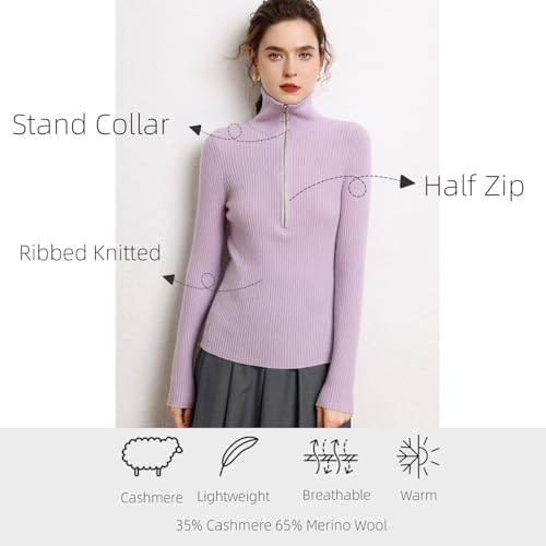 Women’s Cashmere Blend Merino Wool V-Neck Half Zip Pullover Long Sleeve Stand Collar Tops Ribbed Knitted Sweaters2