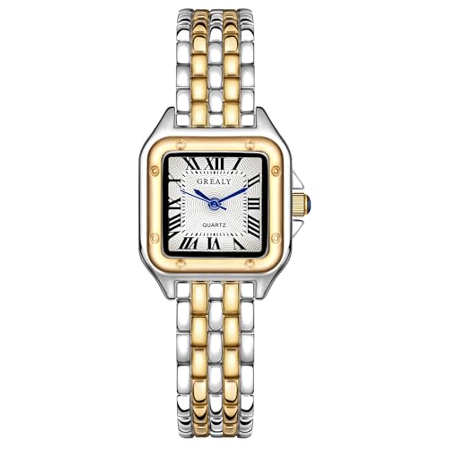 AOOSU Relojes para Mujer, Clásico de Estilo Vintage, Reloj Analogico de Cuarzo, Reloj Pequeño de mujer con Elegante Caja Rectangular con Banda Acero Inoxidable para Mujeres y Niñas- Oro y Plata