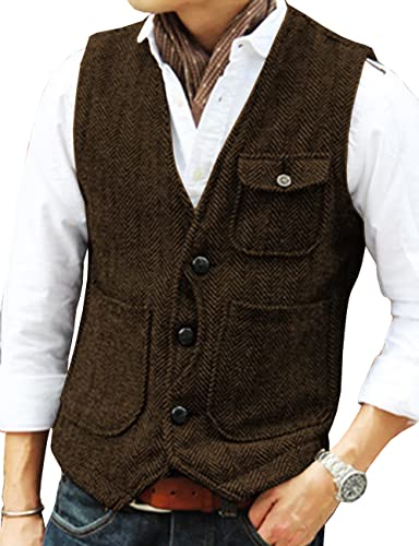 Chalecos de lana para hombre con espiga y cuello en V, ajustados, café, XXL Cover