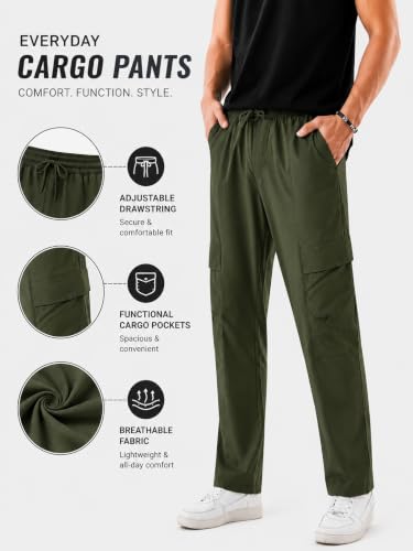 Image of Men's Cotton Cargo Pants | Straight Fit Casual Trousers for Men with Pockets | Lightweight & Breathable Pants with Elastic Waistband & Drawstring | Comfortable Lower for Mens
