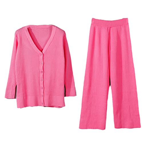 Ensemble pantalon long et droit surdimensionné rose avec cardigan côtelé pour femme