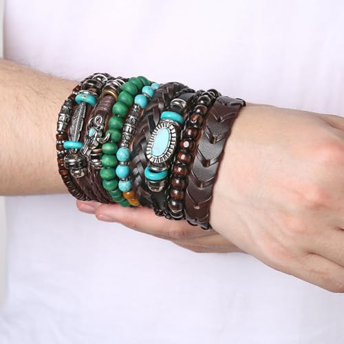 HZMAN Handmade Braided Leather Bracelet for Men Women Adjustable Bohemian Ethnic Tribal Multilayer Wooden Beaded Hemp Rope Wristbands Wrap Cuff Bracelet4