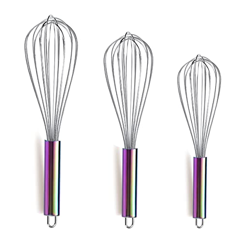 Berglander Rainbow Handle Whisk Pack Of 3 Stainless Steel 8',10',12', Titianium Plating Colorful Handle Whisks For Cooking, Beater,Wire Whisk Set Kitchen Wisk (Rainbow Handle)