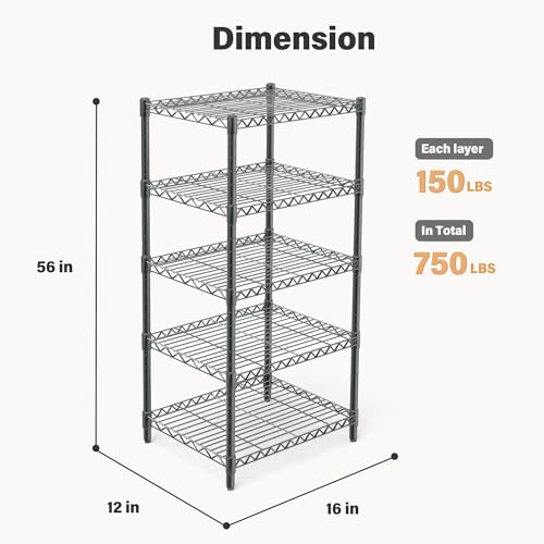 AHEONLAR 5 Tier Grey Storage Racks and Shelving - Heavy Steel Material Pantry Shelves - Steel Organizer Wire Rack, Suitable for Warehouses, Closets, Kitchens…