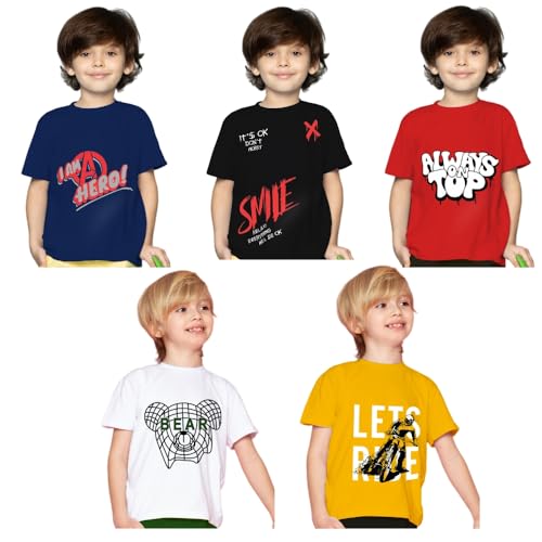 Image of Yazh Texworld Boys Round Neck Blended Cotton T-Shirts | Regular Fit | Half Sleeve | Casual Wear | Trendy | Combo Pack of 5 | Multicolor | Soft, Durable, and Stylish for Everyday use