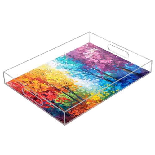 BOESI Oil Painting Colourful Tree Pattern Acrylic Decorative Dining Tray, Acrylic Decorative Tray Organizer with Handle for Kitchen, Dining Room, Bathroom, Dresser