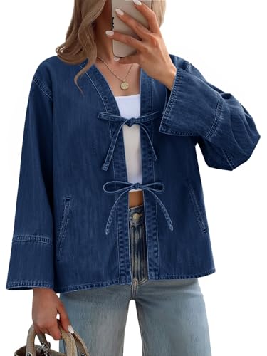 Veste en jean femme Tankaneo à manches larges et nœud tendance