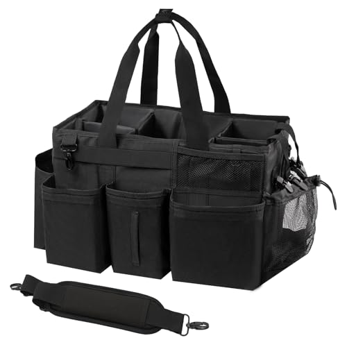 SCAVATA Wearable Cleaning Caddy Organizer with Handle & Shoulder Straps for Housekeepers Under Sink & Car Cleaning Tool Organizer Bag with 4 Foldable Dividers (Black)