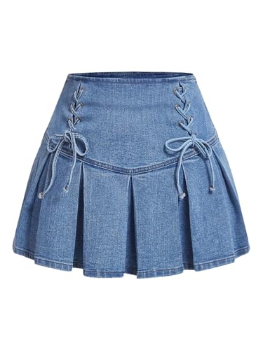SweatyRocks Women's Plus Size Lace Up Front High Waist A Line Pleated Mini Denim Skirt