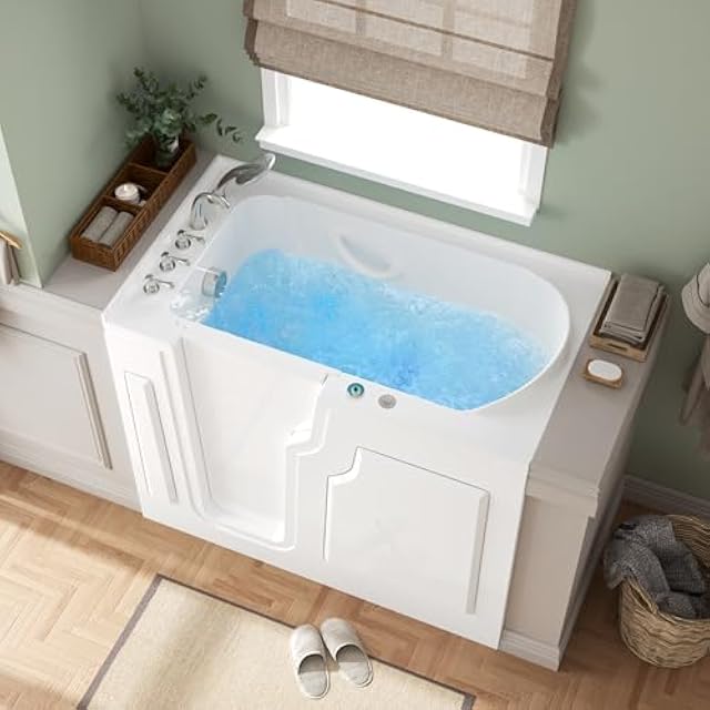 FerdY Floridian 55"x33" Walk-in Whirlpool Bathtub with 16 Air Water SPA Jets and Left-Side Door Opening and Quick Fill and Drain System, Rectangular Soaking Jetted Bath Tub in White with LED Lights