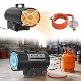 UISEBRT Heizgeräte Gas, 15 KW Gasheizer Gasheizgebläse Thermostat, Heißluftgenerator,Schwarz (220V-240V, Propan/Butan-Flaschen, mit Druckminderventil und Gasschlauch)