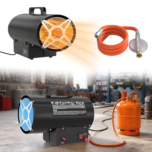 UISEBRT Heizgeräte Gas 10 KW Gasheizer Gasheizgebläse Thermostat Heißluftgenerator Schwarz (220V-240V Propan/Butan-Flaschen mit Druckminderventil und Gasschlauch)