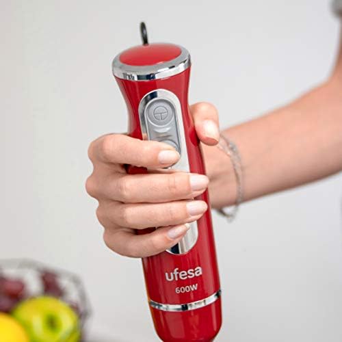 Ufesa BP3443 Batidora de Mano, Potencia 600 W, Función Turbo, 2 Cuchillas y Pie en Acero Inoxidable, Diseño Ergonómico y Anti Salpicaduras, Accesorios Incluidos, Sin BPA, Color Rojo (Advanced Red)