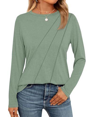 WNEEDU Damen Langarmshirt Lose Rundhals Pullover Damen Sweatshirt Oberteile Herbst Winter Casual Falten Tunika Tops Erbsengrün M