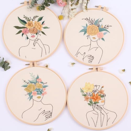 Image of Chenflying Embroidery Starter Kits, 1 /3 Sets Art Embroidery Kits for Beginners Adults with Embroidery Hoops Threads Needles and Instructions (White1)