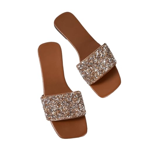 Womens Sandals Summer new flat slippers for women to wear as outerwear, casual square toe pearl rhinestone sandals