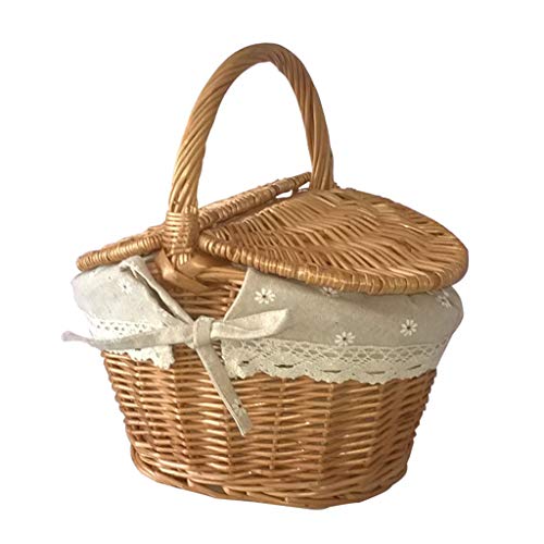 Itkcozcg Creative Basket Panier en osier fait à la main Panier de rangement de fruits avec poignée Double couvercle pour le camping
