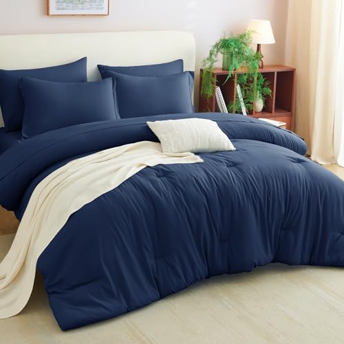 CozyLux Queen Comforter Set Navy Blue, 7 Pieces Bed in a Bag Bedding Comforter Set with Sheets, All Season Boho 7PC Bed Sets with Comforter, Fitted Sheets, Flat Sheets, Pillow Shams and Pillowcases