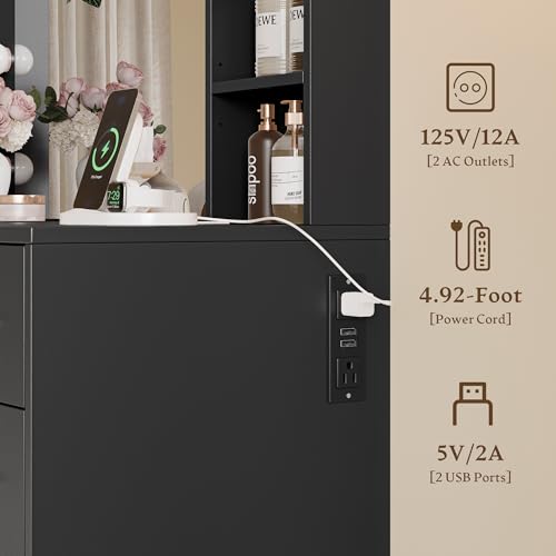 Image of Wodeer Makeup Vanity with Drawers, 43 inch Black Vanity Desk with Mirror and Lights, 11 Drawers & 4 Shelves, Power Outlet & Adjustable LED Lights, Dressing Table for Women & Girls Bedroom