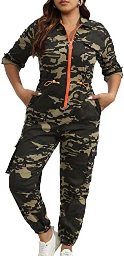 SniperTears Womens Camo Jumpsuits Front Zipper Pocketed Jogger Pants Casual Drawstring Waist Camouflage One-Piece Rompers (Green Camo,M,Medium)