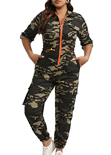 Snipertears Womens Camo Jumpsuits Front Zipper Pocketed Jogger Pants Casual Drawstring Waist Camouflage One-Piece Rompers (Green Camo,M,Medium) #TOP14