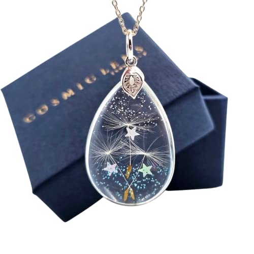 Sparkly Magical Real Dandelion Seed Necklace with Glitter and Stars, Handmade Make a Wish Teardrop Pendant with 18'' Sterling Silver Twisted Curb Chain, Mother's Day Gift