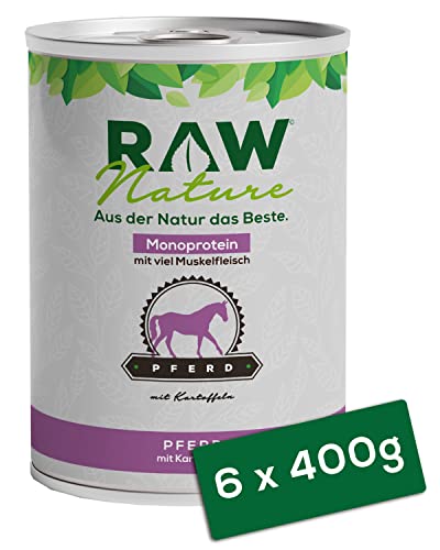RAW Nature - Pferd Pur 6x400g - Mit Kartoffeln - Nassfutter für Hunde - Hoher Fleischanteil - Monoprotein - Alleinfuttermittel - Getreidefreies Hundefutter (6er Pack)