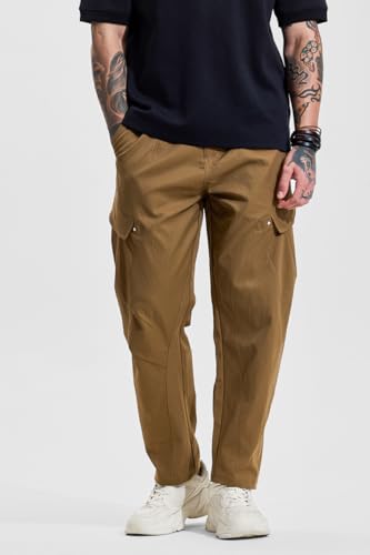 Image of SNITCH Men Cargo Pants | Relaxed Fit with Utility Pockets & Plain Pattern | Premium Cotton Blend Fabric for Casual Wear, College Wear & Street Style