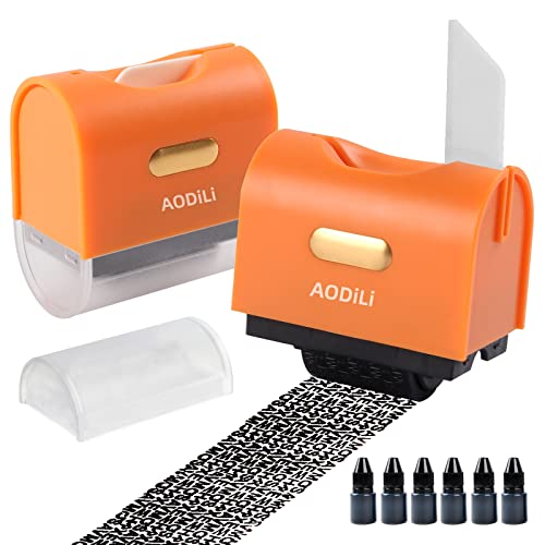 Aodili Identity Protection Confidential Roller Stamp（2Pack)-6 Refill Inks,Prevention Theft Privacy Security Stamp with Box Opener,Envelope Cut Blade 3-in-1, Guard Personal Info Blockout Set-(Orange)