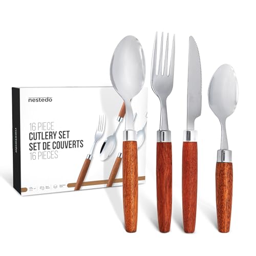 Wood Handle Silverware Set – 16-Piece Flatware for 4, Modern