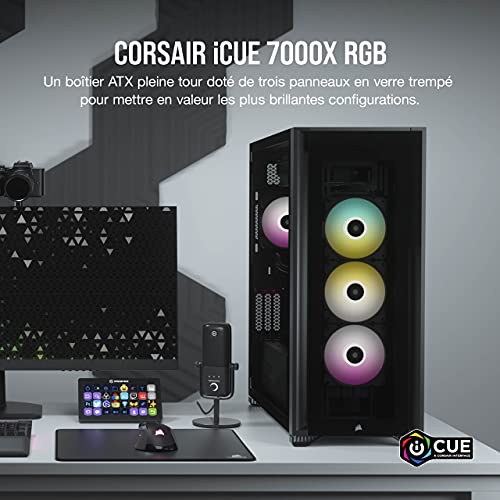 Corsair iCUE 7000X RGB Boîtier PC ATX Grande Tour (Trois Panneaux en Verre Trempé, Quatre Ventilateurs RGB de 140 mm Inclus, Gestion des Câbles Facilement, Vaste Espace Interne) Noir