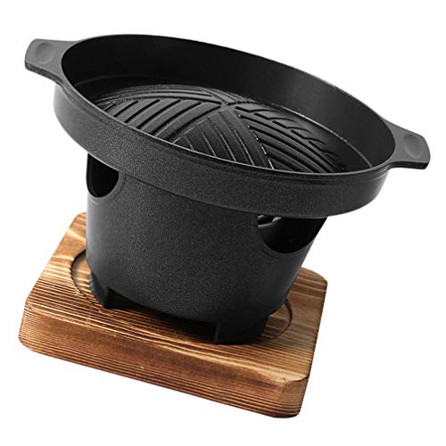 Yardwe Parrilla de carbón portátil con alfombrilla de madera coreana para barbacoa, mini estufa, parrilla sin humo, parrilla antiadherente para parrilla, camping, senderismo