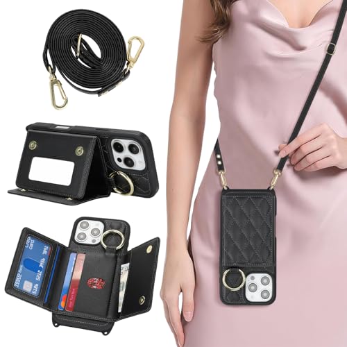 DEYHU for iPhone 16 Pro Max Case with Card Holder and Strap for Women Crossbody Lanyard Make Up Mirror Ring Stand Snap Clasp Cute Phone Wallet Cases 6.9 inch - Black