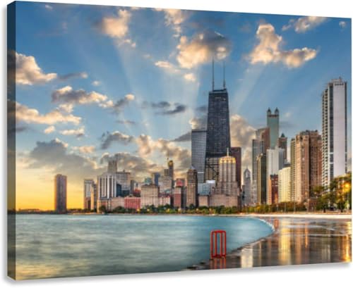 Canvas Wall Art for Living Room Bedroom Kitchen Bathroom Office Chicago Illinois Lake Michigan at Dawn Framed Prints Pictures Wall Decor Posters Painting Artwork 30x20