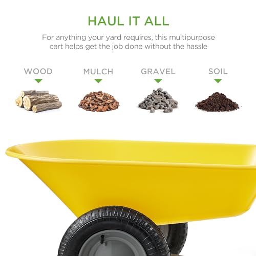 Image of Best Choice Products Dual-Wheel Home Utility Yard Wheelbarrow Garden Cart w /Built-in Stand for Lawn, Gardening, Construction - Yellow