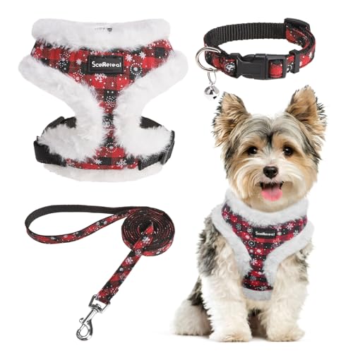 SCENEREAL Dog Christmas Harness Collar and Leash Set, Warm Fleece No Pull Puppy Vest Harnesses No Chock Adjustable Step in Small Pet Halter for Outdoor Walking Training, Black Red Plaid XS